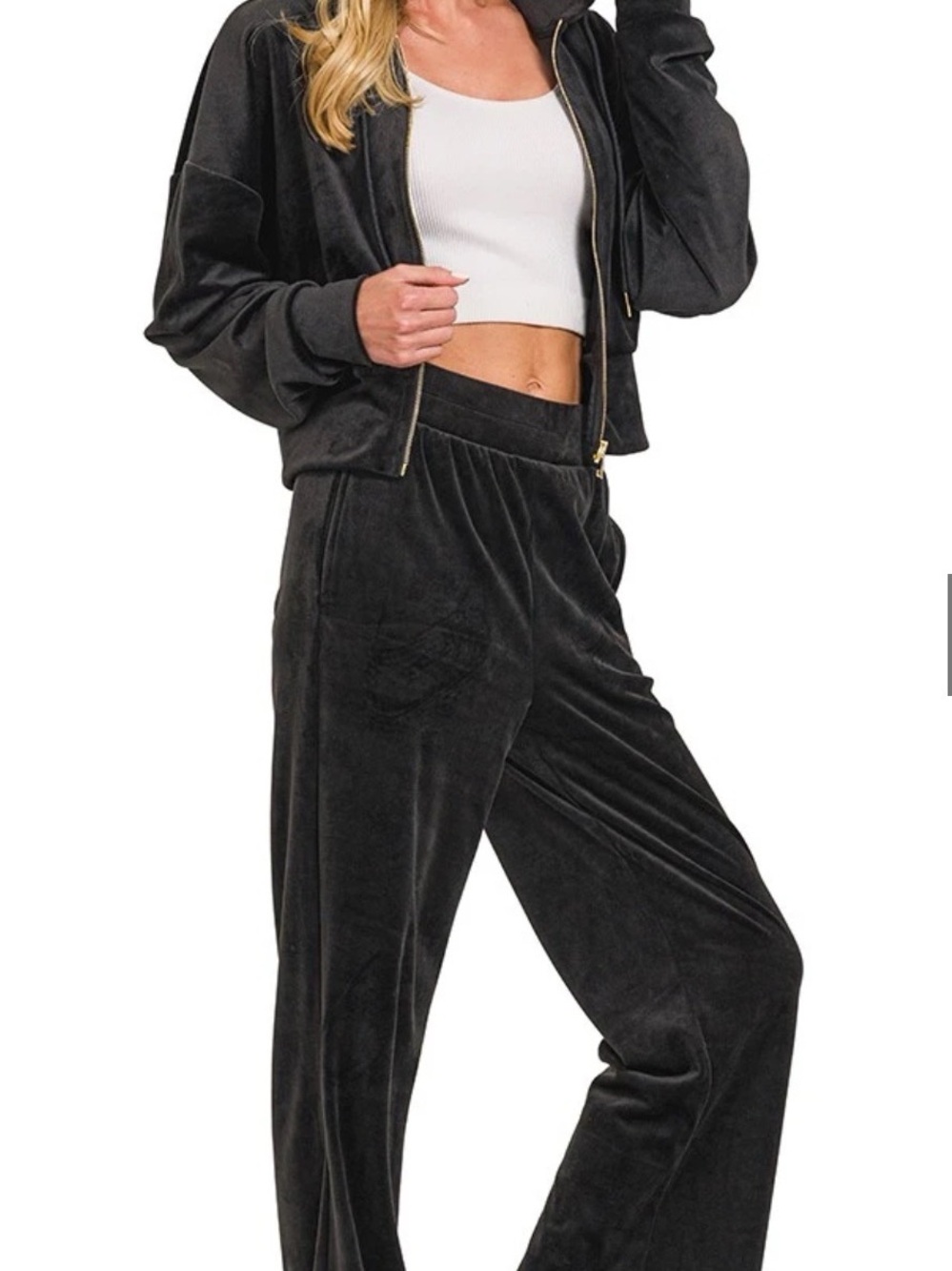 Zenana Outfitters Black Velvet Zip-Up sweatshirt and wide-leg joggers